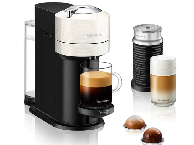 De'Longhi Vertuo Next in white, brewing coffee and espresso with Aeroccino for frothy milk drinks at home.