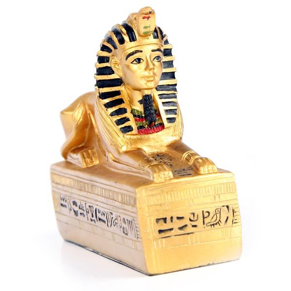 Set of 6 golden Egyptian sphinxes on hieroglyphic bases, showcasing intricate details and ancient elegance for home decor.