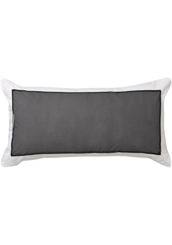 Long charcoal herringbone cushion with white border and black piping, measuring 30x60 cm, stylish and comfortable home decor accent.