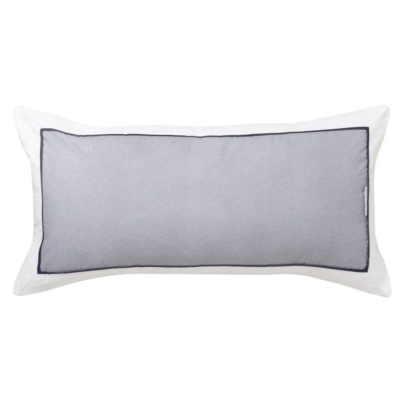 Long blue herringbone cushion with white border and black trim, perfect for stylish home decor and comfort.