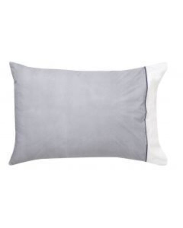 Standard pillowcase pair in navy herringbone with white border and black piping, blending elegance and comfort.