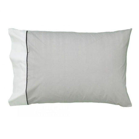 Standard pillowcase pair in Essex Pewter with herringbone pattern, white border, and black piping for elegant bedroom decor.