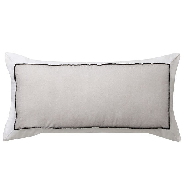 Long cushion in stone color with herringbone pattern, white border, and black piping for stylish home decor.