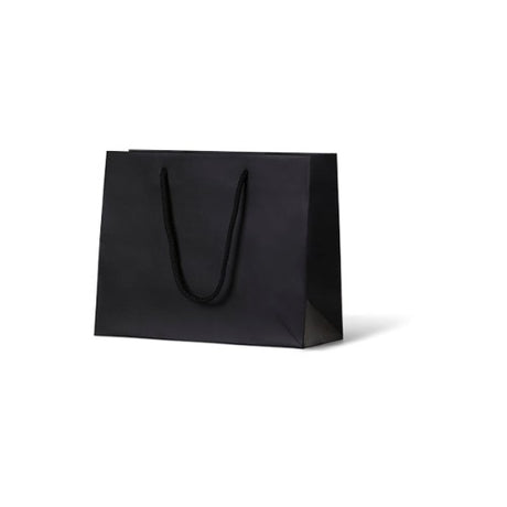 Laminated matte emerald black paper bag with rope handle, 200mm high, 250mm wide, 100mm gusset, packed 200 per carton.