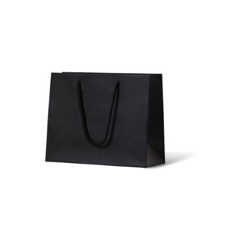 Laminated matte emerald black paper bag with rope handle, 200mm high, 250mm wide, 100mm gusset, packed 200 per carton.