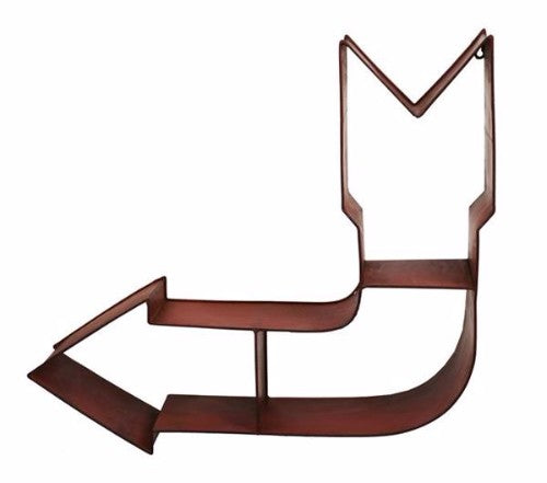 Vibrant red metal wall arrow shelf measuring 63x58cm, perfect for displaying books and decor with rustic charm.