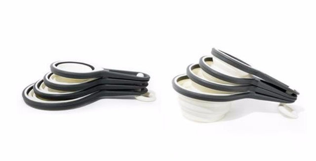 Grey silicone collapsible measuring cups set of 4; includes 1 cup, ¾ cup, ½ cup, and ¼ cup; dishwasher safe and eco-friendly.