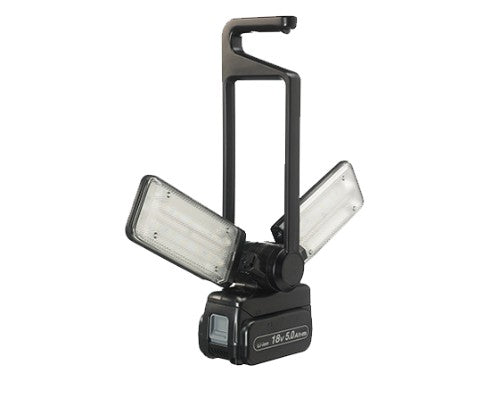 Panasonic floodlight with adjustable panels, 1,500 lumens brightness, dual voltage, and versatile hanging options.