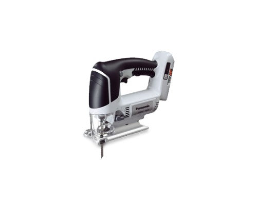 Cordless Panasonic Jigsaw (Skin) EY4541X57 with low-vibration design, LED light, and versatile cutting angles for precision woodworking.