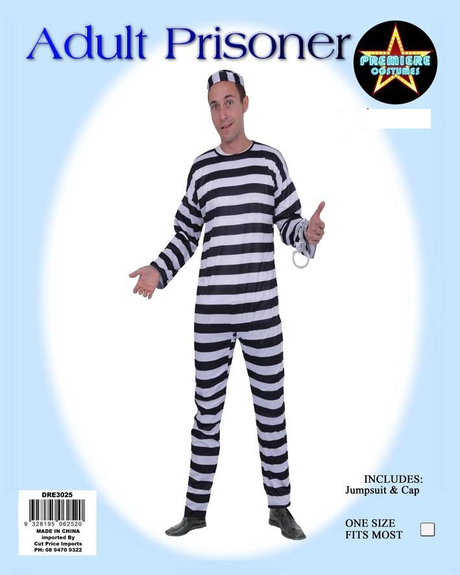 Male prisoner costume with striped jumpsuit and cap, perfect for parties and events, one size fits most.