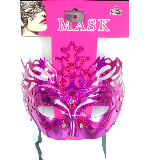 Shiny pink Venetian masquerade mask with intricate details, flexible fit, and secure black ribbon for comfort and style.