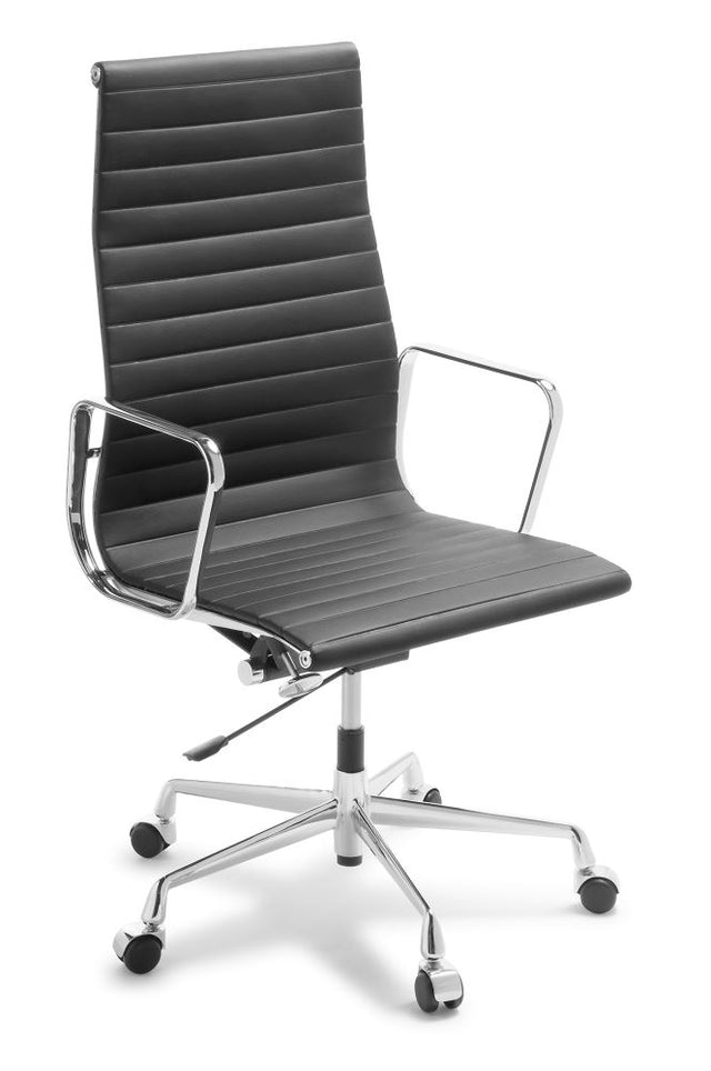 Elegant highback leather boardroom chair with chrome finish, offering lumbar support and adjustable height for comfort.