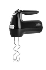 Black Sunbeam Pro MIXMASTER® hand mixer with 3 stainless steel attachments, 7 speeds, and storage case for easy organization.