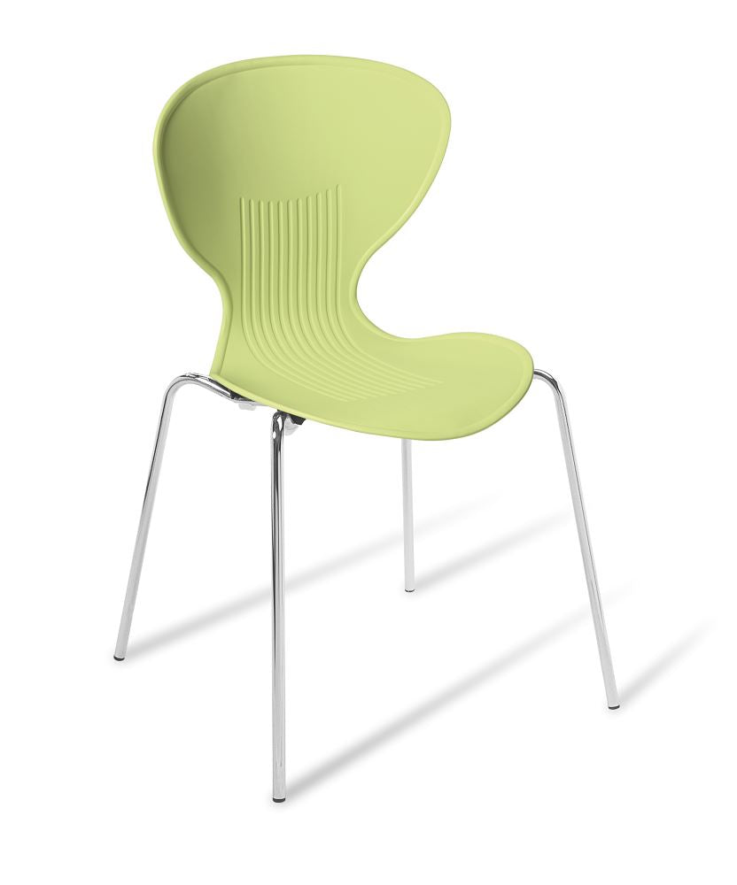 Pistachio Echo Cafés Chair with chrome frame, lightweight, stackable, and perfect for modern dining or casual settings.