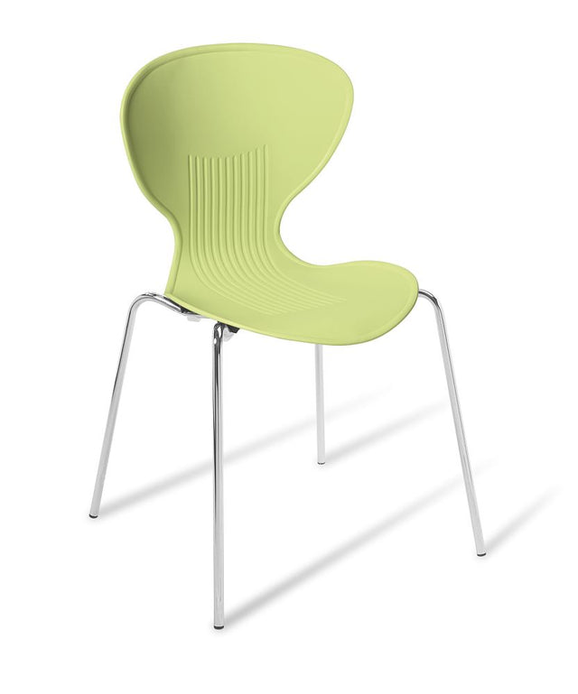 Pistachio Echo Cafés Chair with chrome frame, lightweight, stackable, and perfect for modern dining or casual settings.