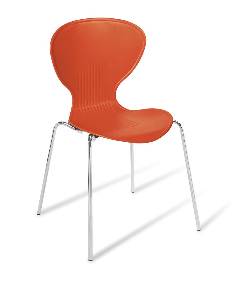 Echo Cafe Chair in vibrant red with chrome frame; lightweight, stackable, and stylish for any dining space.