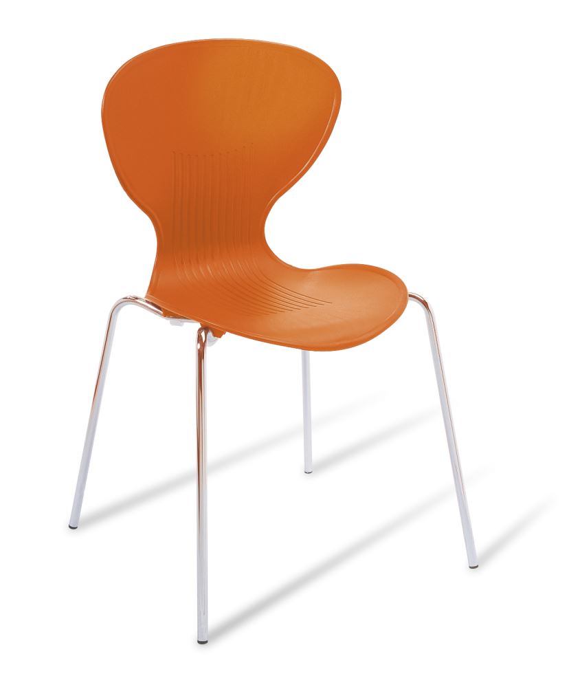 Vibrant orange Echo Café Chair with a sleek chrome frame, perfect for modern dining and versatile uses.