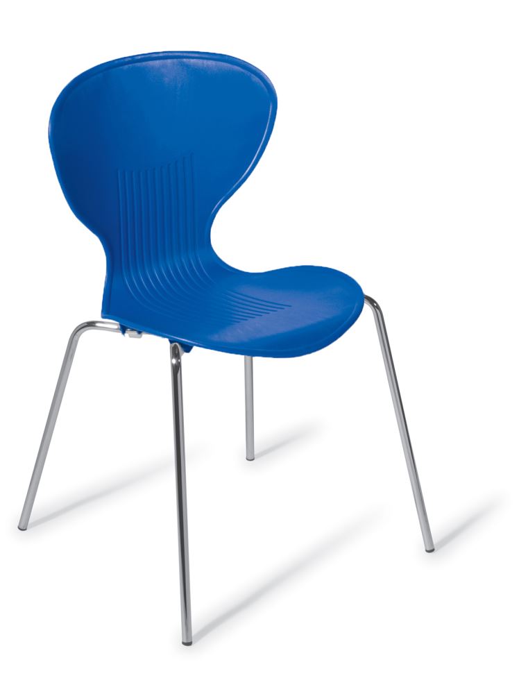 Colorful Echo Café Chair with Royal Chrome Frame, lightweight, stackable, and perfect for various settings, including playrooms.