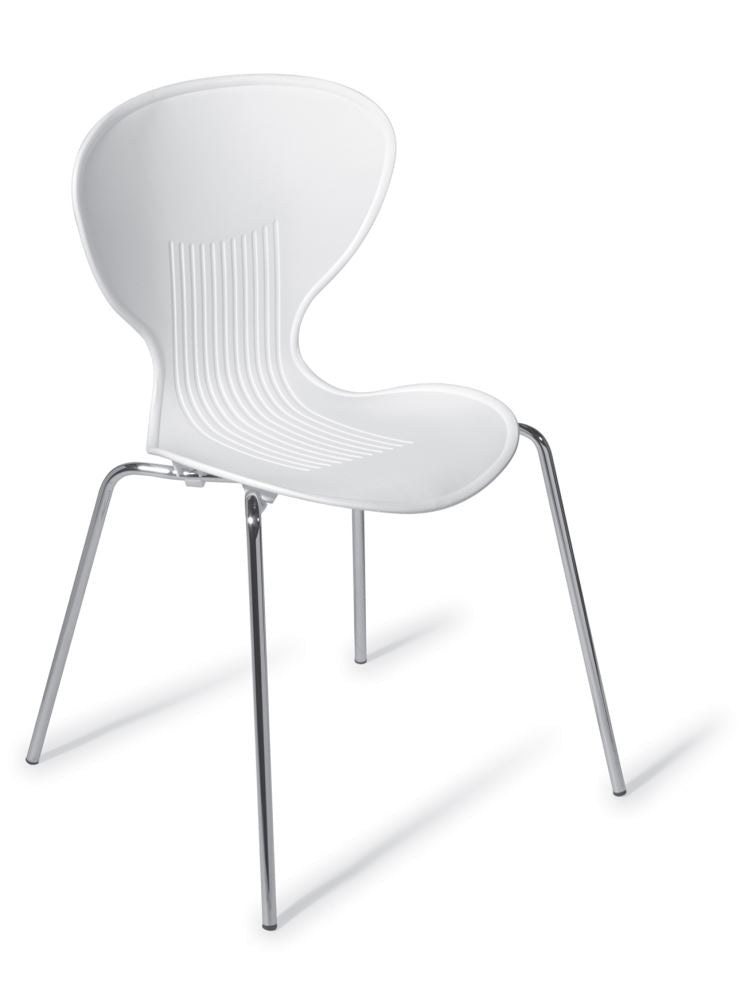 Stylish Echo Café chair with a white chrome frame, stackable design, perfect for indoor and outdoor versatile seating.