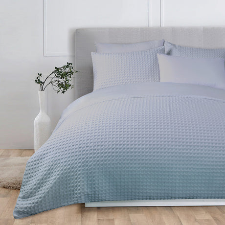 Eden Waffle Queen Duvet Cover Set in Mist, featuring premium cotton weave and stylish design for a cozy, elegant bedroom.