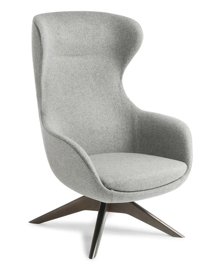 Elegant Elizabeth Serendipity armchair with dark walnut swivel base, full-height backrest, and luxurious upholstery for modern decor.