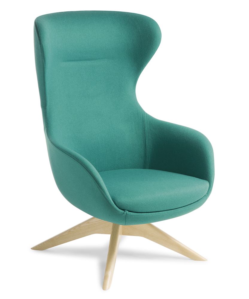 Elegant armchair with full-height backrest, natural beech swivel base, and high-comfort foam design for stylish relaxation.