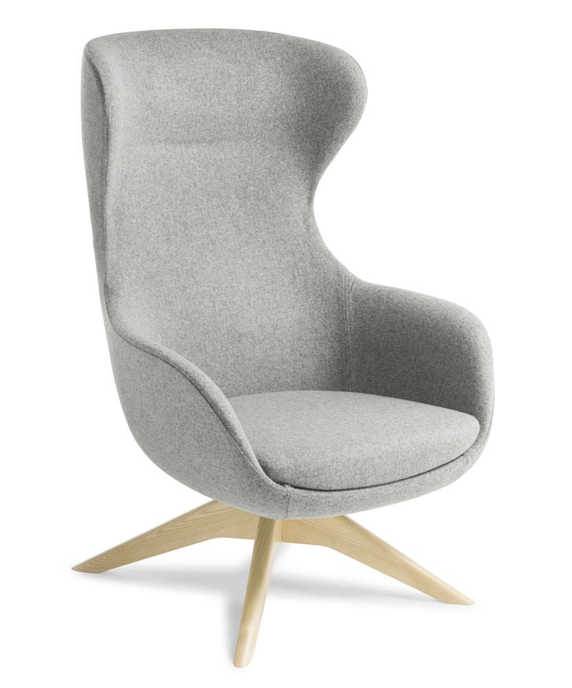 Elegant Elizabeth Serendipity Armchair with natural beech swivel base, featuring full-height backrest and tailored upholstery.
