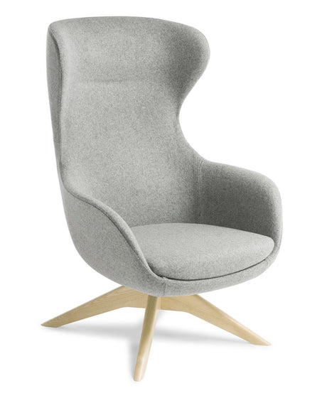 Elegant Elizabeth Serendipity Armchair with natural beech swivel base, featuring full-height backrest and tailored upholstery.