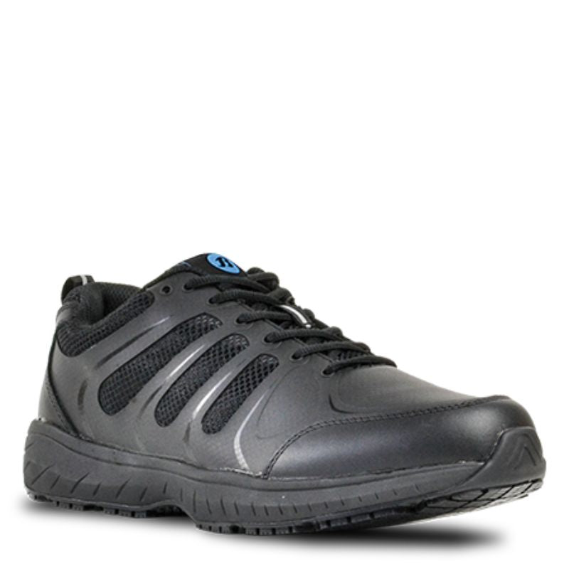 Bata ESSOS Lace Up Jogger in black, featuring slip-resistant outsole, leather-mesh upper, and advanced cushioning for comfort.