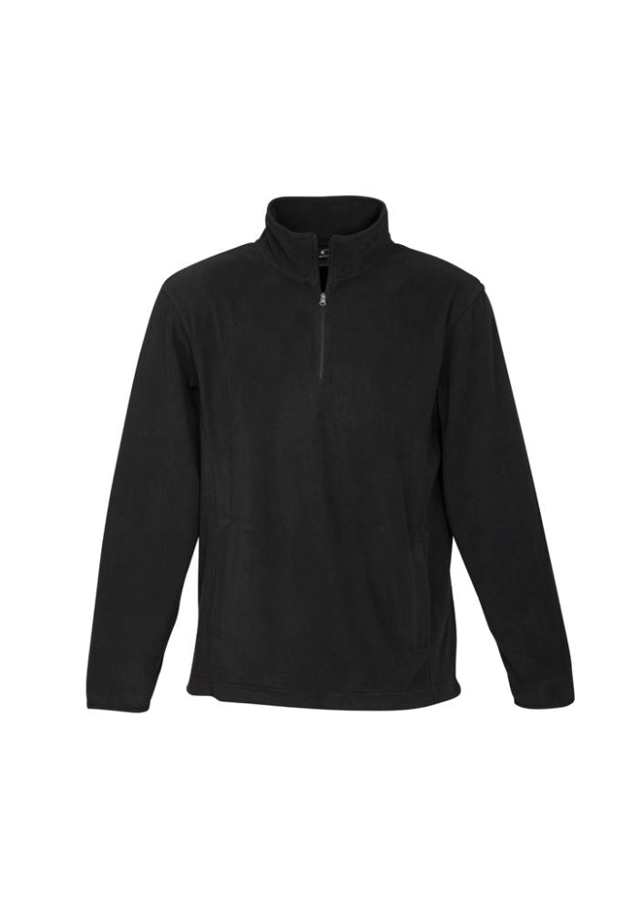 Men's black 1/2 zip pullover in size XL, featuring low pill micro fleece, concealed pockets, and a contemporary fit.