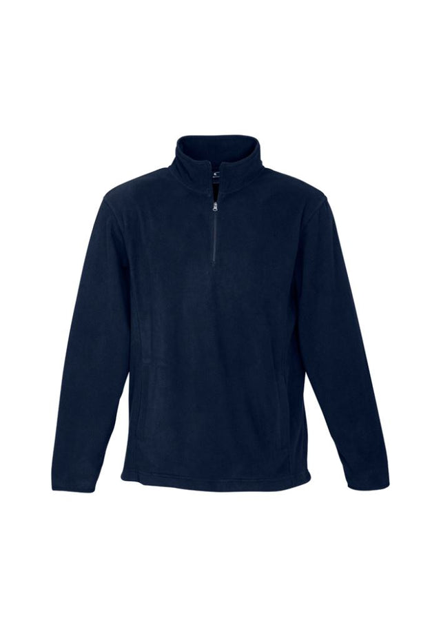 Navy men's 1/2 zip pullover made of lightweight micro fleece with concealed pockets and stylish trim, perfect for layering.