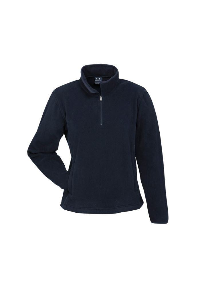Navy Ladies Trinity 1/2 Zip Pullover in size L, featuring lightweight fleece, concealed pockets, and a contemporary fit.