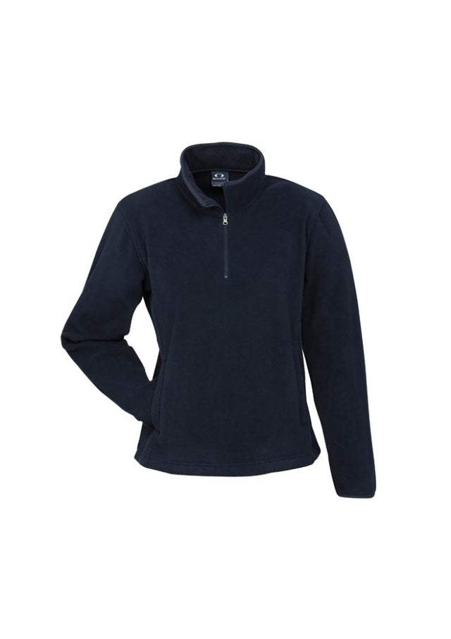 Navy Ladies Trinity 1/2 Zip Pullover in size L, featuring lightweight fleece, concealed pockets, and a contemporary fit.