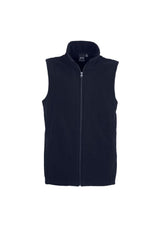 Men's navy micro fleece vest, size M, featuring a full-length zipper and zippered pockets for versatile layering and comfort.