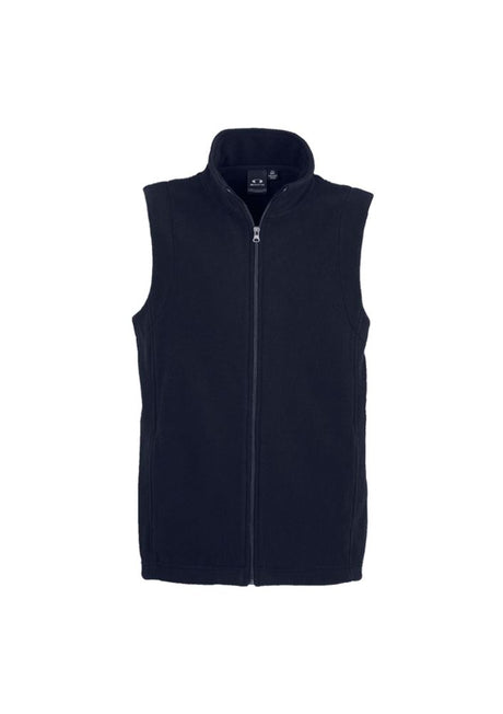 Men's navy micro fleece vest, size M, featuring a full-length zipper and zippered pockets for versatile layering and comfort.