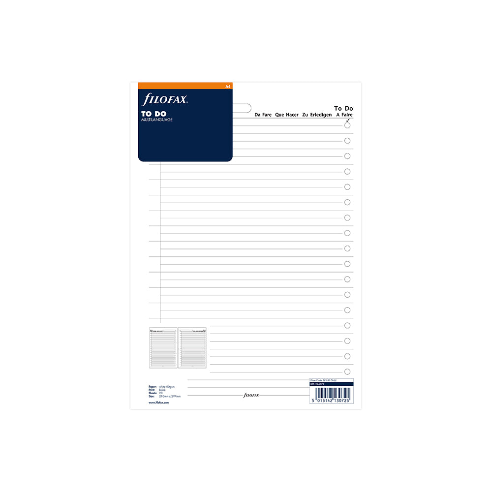 Filofax A4 To Do Pad Refill with 20 sheets, 'To do' format, and tick-box for efficient task management.