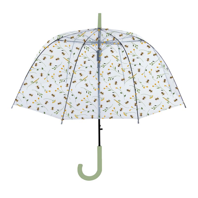 Transparent umbrella featuring a whimsical bee print, automatic opening, and ample coverage for stylish rain protection.