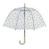 Transparent umbrella featuring a whimsical bee print, automatic opening, and ample coverage for stylish rain protection.