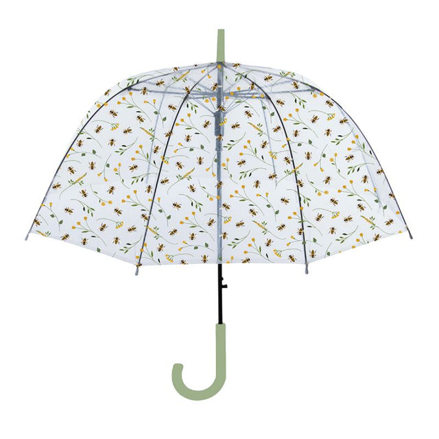 Transparent umbrella featuring a whimsical bee print, automatic opening, and ample coverage for stylish rain protection.