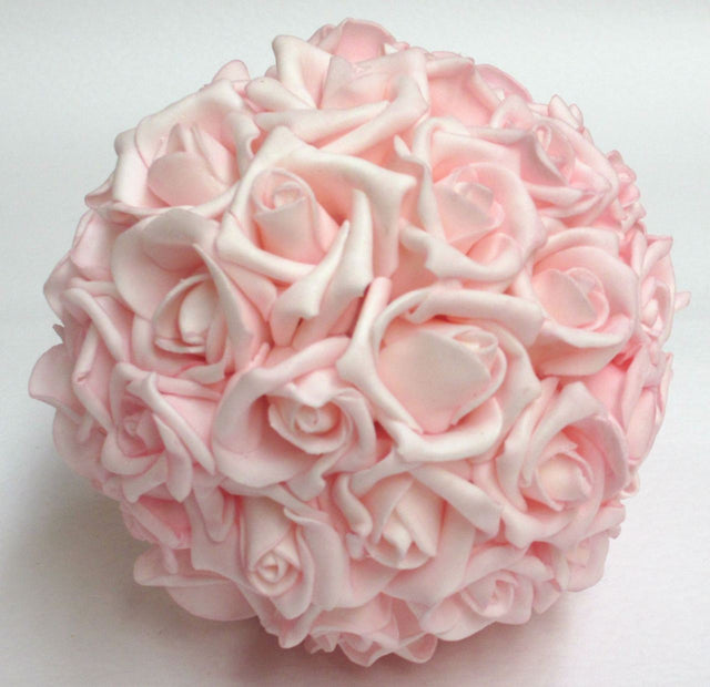 8-inch large pink rose ball with silk flowers, elegantly suspended by a ribbon, perfect for event decor and celebrations.
