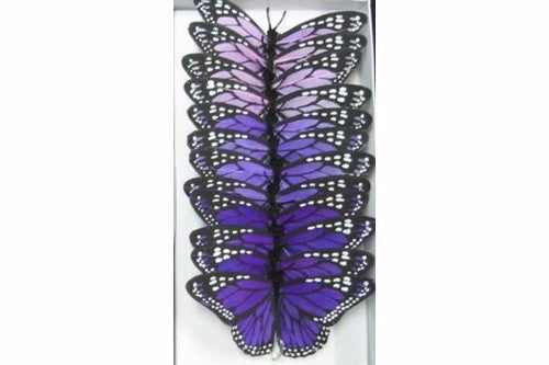 Lavender artificial butterflies with feather bodies, bendable wires; perfect for versatile home and seasonal decorations.