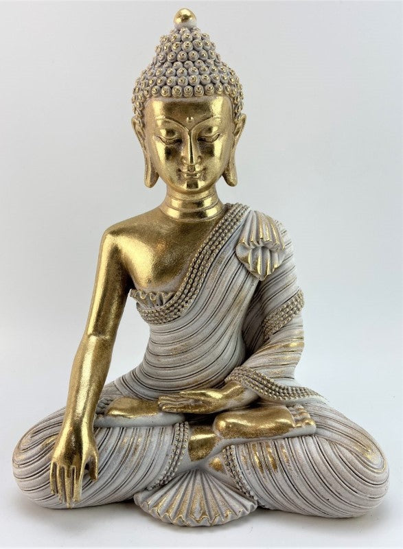 Gold Meditating Buddha statue, 26cm tall, embodies peace and tranquility for elegant home decor and meditation spaces.