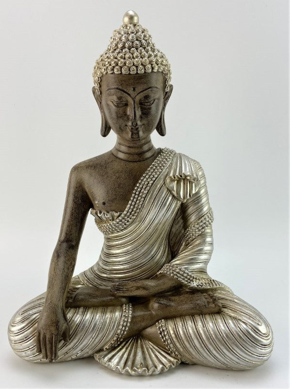 Meditating Buddha statue (26cm) in serene pose, intricately designed for tranquility in home or garden decor.