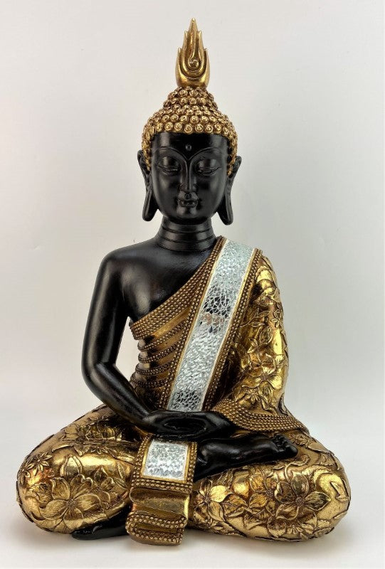 Black and gold meditating Buddha statue with mosaic design, 38.5cm, enhancing decor and promoting tranquility.