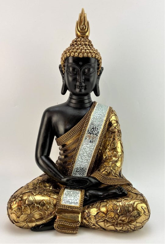 Ornament - Black and Gold Meditating Buddha Statue with Mosaic (38.5cm)