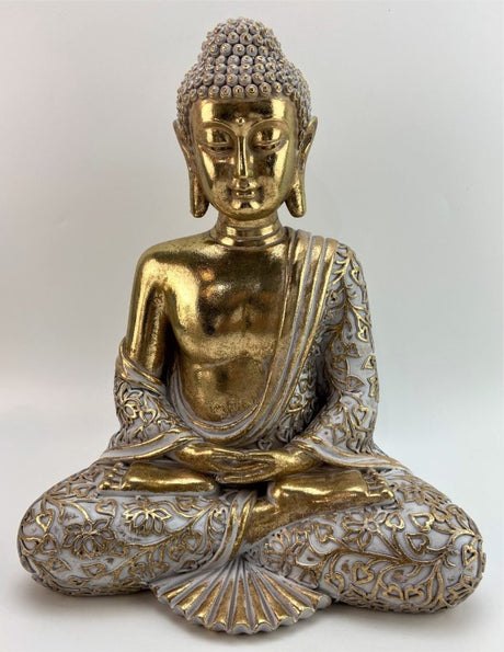 Gold Meditating Buddha Statue, 31.3 cm tall, intricately detailed, symbolizes peace and tranquility for home and spiritual decor.