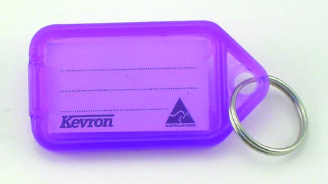 Lilac key tag holder with stainless steel ring for easy key organization; features label insert for identification.