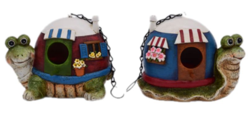 Whimsical turtle-shaped birdhouses, set of 2, crafted from durable polyresin; perfect for garden decoration and attracting birds.