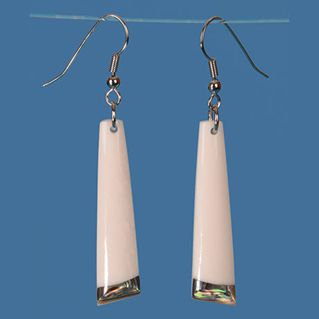 Bone Drop Earrings featuring unique Paua shell accents, measuring 50mm by 9mm, perfect for elegant and versatile styling.