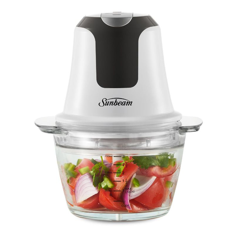 Mini Glass MultiChopper with 750mL glass bowl and stainless steel blades for easy chopping and blending in the kitchen.